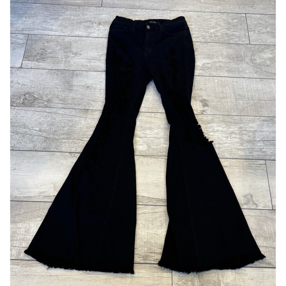 GJG Black Denim Flare Thrashed Jeans Size 7 Stretch Raw Hem Grunge Cowgirl